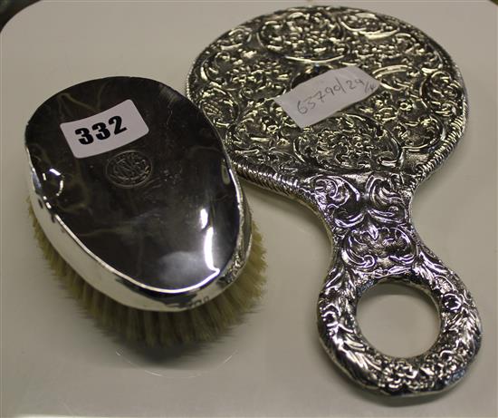 Silver hand mirror, brush pin cushion and spoon and pusher set